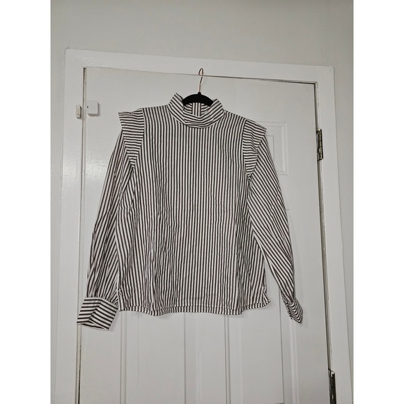 Everlane Tops - Everlane Mock Neck‎ Ruffle Blouse Womens 6 Brown Striped New Cotton Button Back